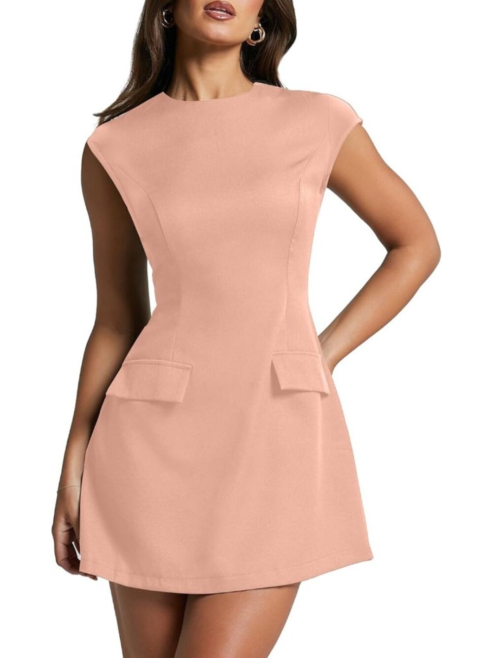 Women's Pink Cap Sleeve Mock Neck Mini Dress A-Line Flare Short Dresses